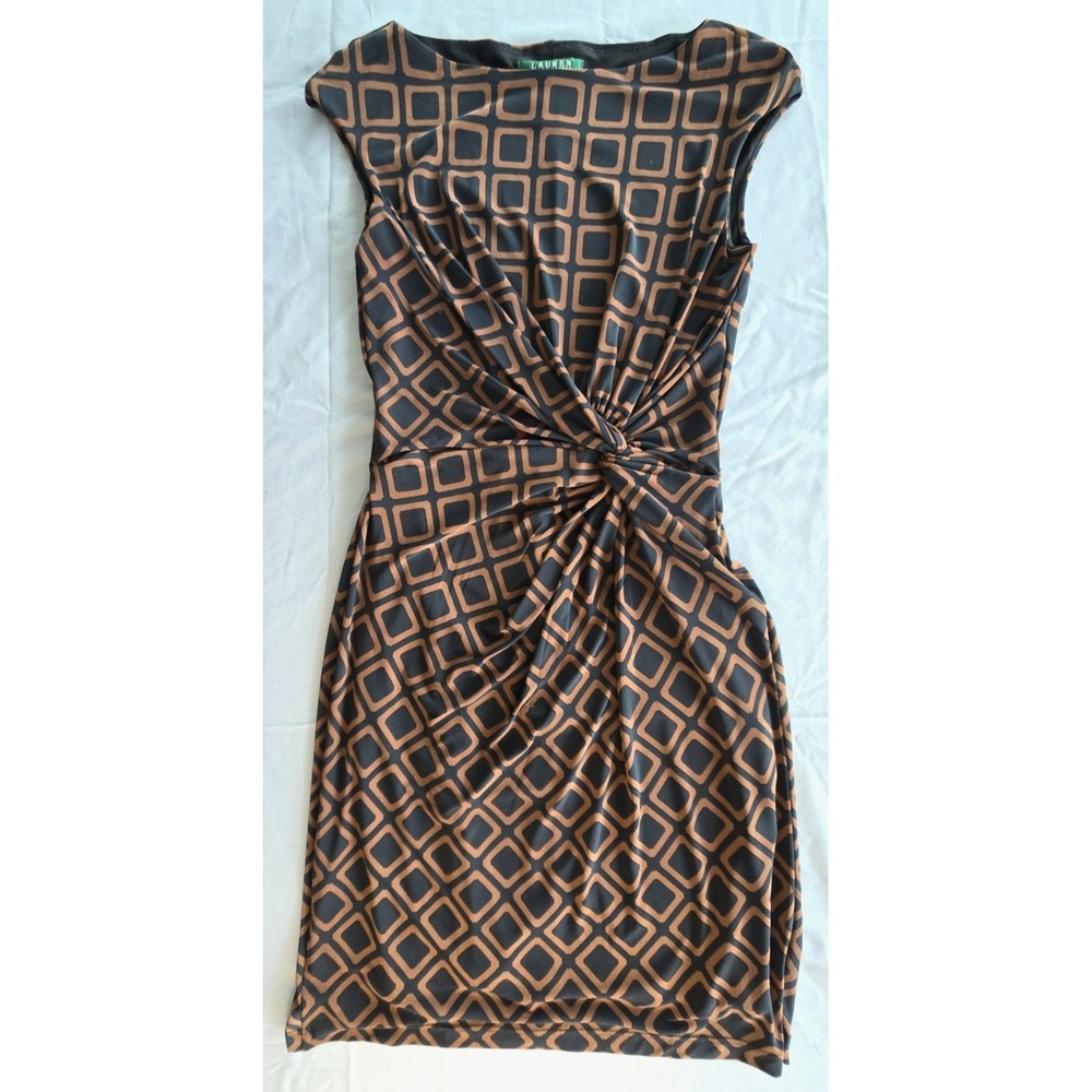 Vintage Lauren Ralph Lauren Ruched Waist Brown Geometric Boatneck Dress W's Sz 4